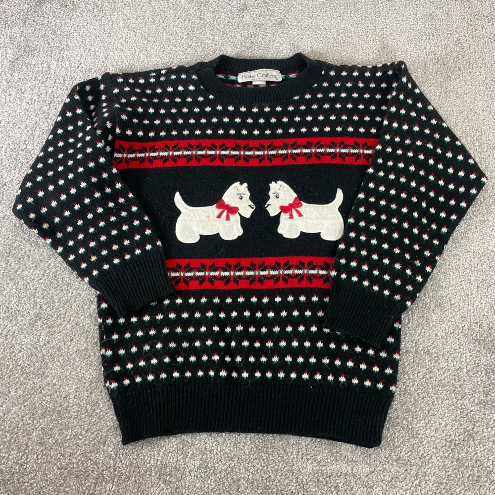 Kate Collins Vintage Scottie Dog Birds Eye Sweater Black Red White Small USA